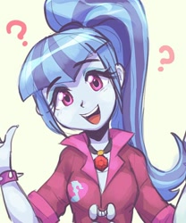 Size: 500x600 | Tagged: safe, artist:jirousan, sonata dusk, equestria girls, clothes, cute, female, head tilt, jewelry, necklace, ponytail, question mark, simple background, smiling, solo, sonatabetes