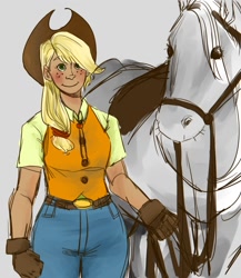 Size: 1300x1500 | Tagged: safe, artist:brownie-un-ni, applejack, horse, human, cowgirl, humanized, simple background, smiling, solo