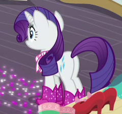 Size: 239x225 | Tagged: safe, screencap, rarity, pony, unicorn, the end in friend, boots, female, glitter, mare, plot, rear view, shoes, solo