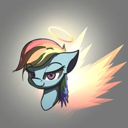 Size: 540x540 | Tagged: safe, alternate version, anonymous artist, derpibooru import, rainbow dash, angel, pegasus, pony, /mlp/, bust, drawthread, fiery wings, gradient background, halo, lidded eyes, portrait, solo, wings