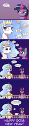 Size: 740x3198 | Tagged: safe, artist:deusexequus, princess celestia, twilight sparkle, twilight sparkle (alicorn), alicorn, pony, ask the princess of friendship with benefits, comic, dialogue, female, happy new year, happy new year 2018, holiday, innuendo, lesbian, mare, noodle incident, shipping, twilestia