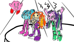 Size: 397x228 | Tagged: safe, artist:kiwi, edit, adagio dazzle, aria blaze, sonata dusk, 1000 hours in ms paint, colored, crossover, kirby, kirby (character), microphone, ms paint, the dazzlings