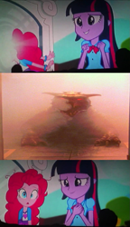 Size: 571x991 | Tagged: safe, derpibooru import, pinkie pie, twilight sparkle, equestria girls, rainbow rocks, ghostbusters, meme, pinkie sticks her face into the portal meme, zuul