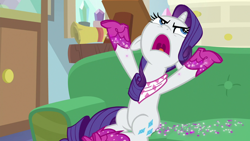 Size: 1280x720 | Tagged: safe, screencap, rarity, pony, unicorn, the end in friend, boots, female, floppy ears, glitter, glitter boots, mare, open mouth, shoes, sitting, solo, starlight's office