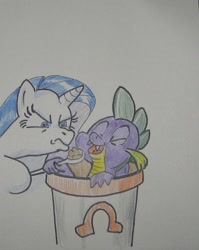 Size: 548x690 | Tagged: safe, artist:hillbe, rarity, spike, dragon, pony, unicorn, female, food, ice cream, male, rarity is not amused, shipping, sparity, straight, this will end in pain and/or death, traditional art, unamused