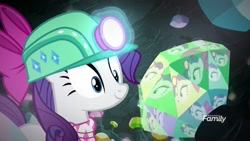 Size: 1920x1080 | Tagged: safe, screencap, rarity, pony, unicorn, the end in friend, animation error, diamond, helmet, mining helmet, reflection, solo