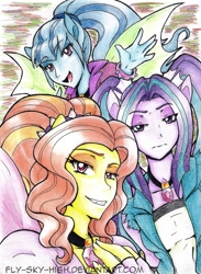 Size: 1024x1399 | Tagged: safe, artist:fly-sky-high, adagio dazzle, aria blaze, sonata dusk, equestria girls, rainbow rocks, fin wings, ponied up, the dazzlings, traditional art