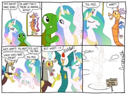 Size: 1280x949 | Tagged: safe, artist:kturtle, discord, princess celestia, alicorn, cockatrice, draconequus, pony, turtle, comic, dialogue, female, male, mare, window