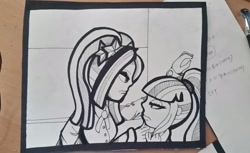 Size: 2860x1748 | Tagged: safe, artist:patterndream, aria blaze, sonata dusk, equestria girls, arisona, monochrome, shipping, traditional art