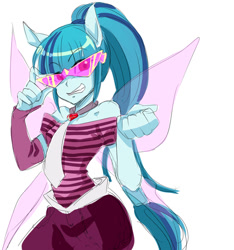 Size: 531x567 | Tagged: safe, artist:murai shinobu, sonata dusk, equestria girls, rainbow rocks, fin wings, kamina sunglasses, pixiv, ponied up, solo