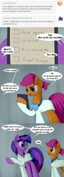 Size: 3600x9900 | Tagged: safe, artist:grennadder, derpibooru import, scootaloo, twilight sparkle, twilight sparkle (alicorn), alicorn, pony, alternate hairstyle, ask, checklist, clothes, comic, female, glasses, goggles, lab coat, mare, older, scientist, scientist scoots, tumblr