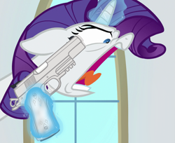 Size: 1325x1080 | Tagged: safe, edit, edited edit, edited screencap, screencap, rarity, pony, unicorn, friendship university, delet this, gun, handgun, m1911, meme, pistol, shouting rarity, solo