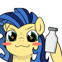 Size: 600x600 | Tagged: safe, artist:hazama, artist:rigi, edit, oc, oc only, oc:milky way, pony, blushing, bottle, female, mare, solo, trace, you. me. x. now.