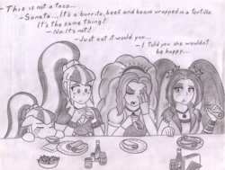 Size: 2176x1648 | Tagged: safe, artist:poseidonathenea, adagio dazzle, aria blaze, sonata dusk, equestria girls, burrito, eating, human ponidox, monochrome, pencil drawing, ponified, the dazzlings, traditional art