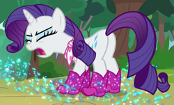 Size: 631x382 | Tagged: safe, screencap, rarity, pony, unicorn, the end in friend, azurantium, boots, cropped, eyes closed, female, glitter boots, mare, neckerchief, open mouth, plot, shoes, solo, sparkles