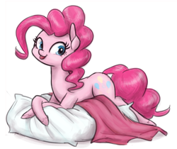 Size: 1000x840 | Tagged: safe, artist:king-kakapo, pinkie pie, earth pony, pony, blanket, crossed hooves, looking at you, lying down, pillow, prone, solo, sploot, tongue out