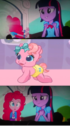 Size: 572x1024 | Tagged: safe, derpibooru import, pinkie pie, twilight sparkle, equestria girls, g3, newborn cuties, rainbow rocks, meme, pinkie sticks her face into the portal meme