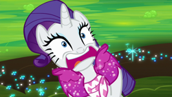 Size: 1280x720 | Tagged: safe, screencap, rarity, pony, unicorn, the end in friend, azurantium, boots, female, glitter boots, mare, neckerchief, open mouth, screaming, shoes, solo, sparkles
