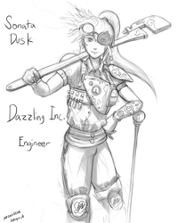 Size: 720x864 | Tagged: safe, artist:figgot, sonata dusk, engineer, goggles, monochrome, solo, steampunk, wrench