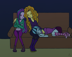 Size: 1280x1024 | Tagged: safe, artist:stripedbrain, adagio dazzle, aria blaze, sonata dusk, equestria girls, clothes, fanfic art, loose hair, sleeping, socks, sofa, striped socks, the dazzlings