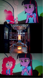 Size: 1139x2027 | Tagged: safe, derpibooru import, pinkie pie, twilight sparkle, equestria girls, rainbow rocks, doctor who, meme, pinkie sticks her face into the portal meme, tardis, tardis control room