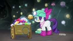 Size: 1920x1080 | Tagged: safe, screencap, rarity, pony, unicorn, the end in friend, boots, cart, female, gem, gem cave, glitter boots, helmet, loupe, magic, mare, mining helmet, neckerchief, shoes, solo