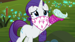 Size: 1280x720 | Tagged: safe, screencap, rarity, pony, unicorn, the end in friend, azurantium, bandana, boots, effervescence, female, glitter boots, mare, shoes, solo, sparkles