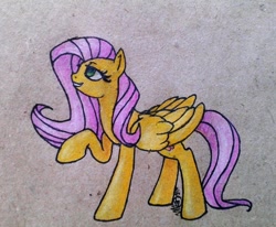 Size: 800x658 | Tagged: safe, artist:mati0la, fluttershy, pegasus, pony, lidded eyes, raised hoof, solo, traditional art