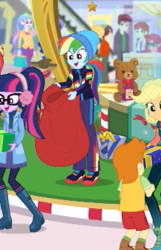 Size: 315x488 | Tagged: safe, derpibooru import, screencap, alizarin bubblegum, applejack, gallop j. fry, nolan north, normal norman, princess celestia, principal celestia, rainbow dash, sci-twi, track starr, twilight sparkle, better together, equestria girls, holidays unwrapped, background human, cropped, cute, dashabetes, sack, winter break-in, winter outfit