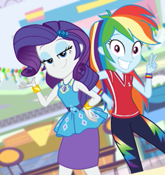 Size: 689x734 | Tagged: safe, derpibooru import, screencap, rainbow dash, rarity, better together, equestria girls, holidays unwrapped, canterlot mall, clothes, cropped, cute, dashabetes, duo, female, geode of shielding, jersey, magical geodes, peace sign, pencil skirt, photo, smiling