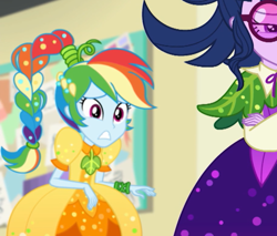 Size: 650x554 | Tagged: safe, derpibooru import, screencap, rainbow dash, sci-twi, twilight sparkle, better together, equestria girls, holidays unwrapped, clothes, cornucopia costumes, costume, cropped, duo, o come all ye squashful, ponytail, rainbow dash always dresses in style, worried