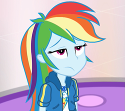 Size: 659x586 | Tagged: safe, derpibooru import, screencap, rainbow dash, better together, equestria girls, holidays unwrapped, cropped, geode of super speed, magical geodes, rainbow dash is not amused, solo, unamused