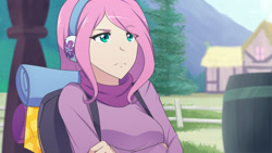 Size: 1280x720 | Tagged: safe, artist:jonfawkes, fluttershy, human, dungeons and discords, backpack, bags, clothes, female, humanized, ponyville, raised eyebrow, scene interpretation, solo, sweater, sweatershy, tumblr, unamused, winter outfit