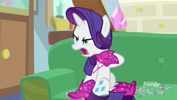 Size: 1920x1080 | Tagged: safe, screencap, rarity, pony, unicorn, the end in friend, boots, female, glitter, glitter boots, mare, open mouth, shoes, sofa, solo, starlight's office