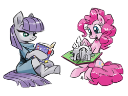 Size: 808x612 | Tagged: safe, artist:needsmoarg4, maud pie, pinkie pie, earth pony, pony, book, pop-up book, simple background, white background