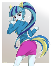 Size: 702x877 | Tagged: safe, artist:ta-na, sonata dusk, equestria girls, :p, blushing, clothes, cute, dancing, female, looking back, skirt, solo, sonata donk, sonatabetes, sweater, tail, tongue out, wondercolts