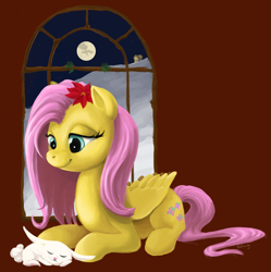 Size: 2277x2286 | Tagged: safe, artist:bluenudibranch, angel bunny, fluttershy, pegasus, pony, christmas, cute, duo, holiday, moon, night, pet, shyabetes, sleeping