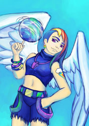 Size: 600x849 | Tagged: safe, artist:a-elly, derpibooru import, rainbow dash, human, ball, clothes, cutie mark on human, ear piercing, earring, eyebrow piercing, humanized, jewelry, piercing, ripped pants, solo, whistle, winged humanization, wings