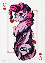 Size: 1631x2250 | Tagged: safe, artist:midnightsix3, artist:therandomjoyrider, pinkie pie, earth pony, pony, collaboration, card, duality, looking at you, loose hair, pinkamena diane pie, playing card, queen of hearts, signature