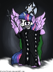 Size: 880x1210 | Tagged: safe, artist:flutterthrash, derpibooru import, twilight sparkle, twilight sparkle (alicorn), alicorn, ghost, pony, female, ghost (band), ghost bc, heavy metal, mare, papa emetrius, rock