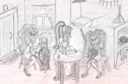 Size: 1337x876 | Tagged: artist needed, safe, adagio dazzle, aria blaze, sonata dusk, equestria girls, balalaika, cabin, crochet, grayscale, monochrome, rolling pin, russia, russian, spinning wheel, the dazzlings, traditional art