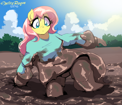 Size: 1390x1200 | Tagged: safe, artist:willisrisque, fluttershy, anthro, clothes, mud, solo, squishy, squooshy, unbalanced, wet and messy