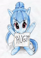 Size: 2025x2895 | Tagged: safe, artist:40kponyguy, derpibooru exclusive, sonata dusk, bronybait, cute, heart eyes, hug, hug request, looking at you, mouth hold, ponified, sign, solo, sonatabetes, traditional art, wingding eyes