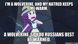 Size: 600x337 | Tagged: safe, edit, edited screencap, screencap, rarity, better together, equestria girls, opening night, family guy, helmet, image macro, meme, mining, mining helmet, selfie soot