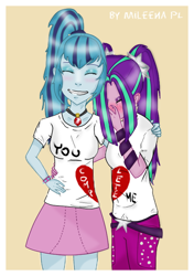 Size: 528x750 | Tagged: safe, artist:mileenapl, aria blaze, sonata dusk, equestria girls, arisona, blushing, clothes, embarrassed, female, grin, lesbian, shipping, t-shirt, tsundaria, tsundere