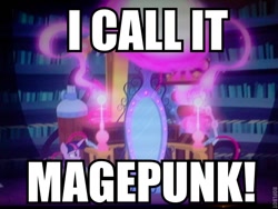 Size: 640x480 | Tagged: safe, derpibooru import, edit, edited screencap, screencap, twilight sparkle, twilight sparkle (alicorn), alicorn, equestria girls, rainbow rocks, arcanepunk, bootleg, image macro, magepunk, magic mirror, magitek, meme, portal machine, text edit