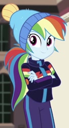 Size: 396x732 | Tagged: safe, derpibooru import, screencap, rainbow dash, better together, equestria girls, holidays unwrapped, blizzard or bust, cropped, crossed arms, cute, dashabetes, female, solo, winter outfit