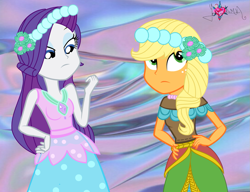 Size: 1023x784 | Tagged: safe, artist:smallartistyt, derpibooru import, edit, applejack, rarity, a canterlot wedding, equestria girls, bridesmaid dress, clothes, dress, wallpaper, wallpaper edit