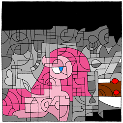 Size: 1500x1500 | Tagged: safe, artist:mane-shaker, pinkie pie, earth pony, pony, 16th birthday coloring challenge, abstract, cake, dark, food, pinkamena diane pie, solo