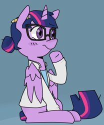 Size: 2337x2809 | Tagged: source needed, safe, artist:meowing-ghost, derpibooru import, sci-twi, twilight sparkle, alicorn, pony, equestria girls, rainbow rocks, clothes, equestria girls ponified, female, glasses, hair bun, lab coat, mare, pencil, pencil behind ear, ponified, ponified humanized pony, scitwilicorn, sitting, solo